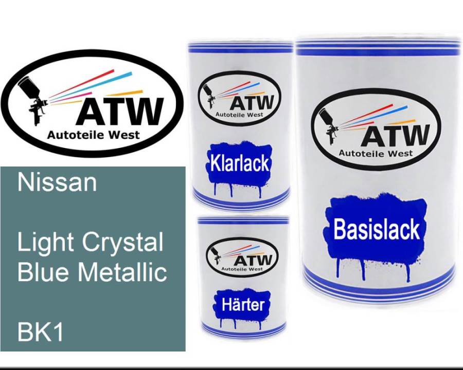 Nissan, Light Crystal Blue Metallic, BK1: 500ml Lackdose + 500ml Klarlack + 250ml Härter - Set, von ATW Autoteile West.